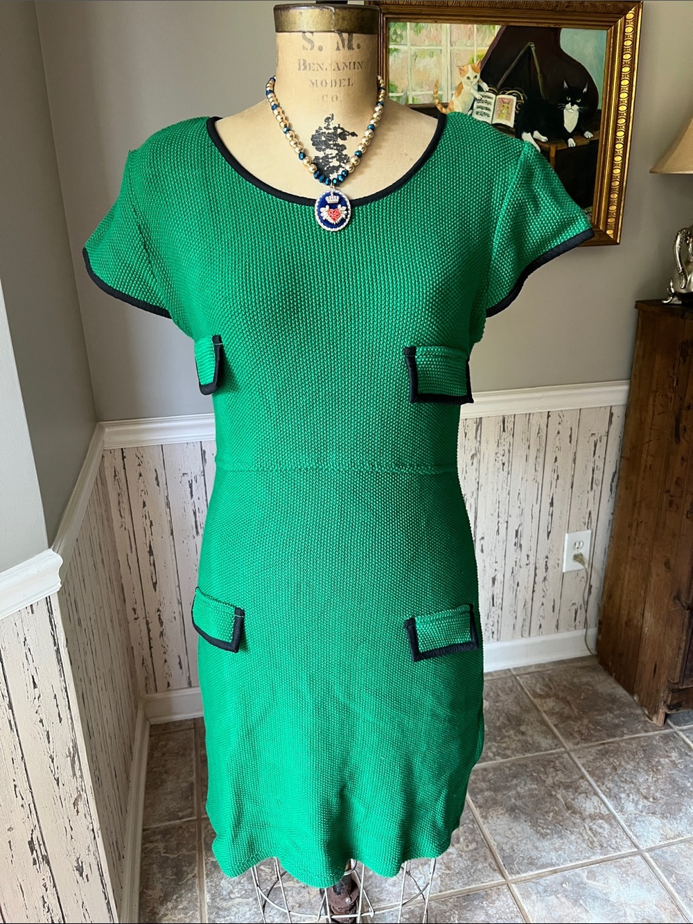 Almatrichi Vintage New Green Short-Sleeve Textured Mini Dress sz 40 /4 couture